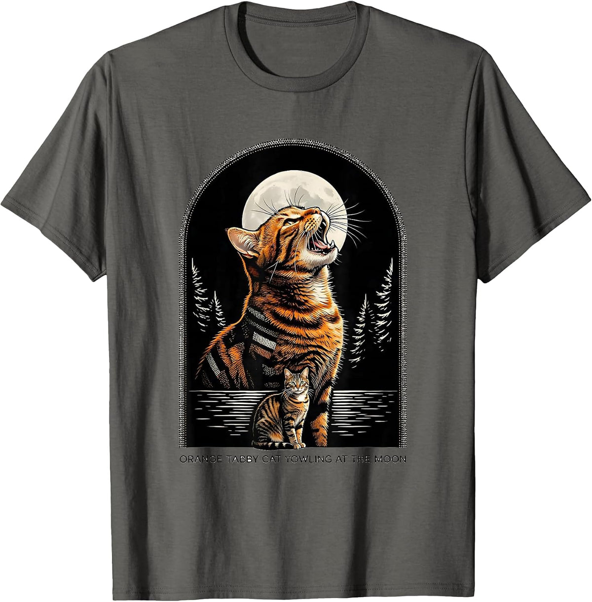 Orange Tabby Cat Yowling at the Moon 90's Retro Nature Art T-Shirt - Asphalt Grey