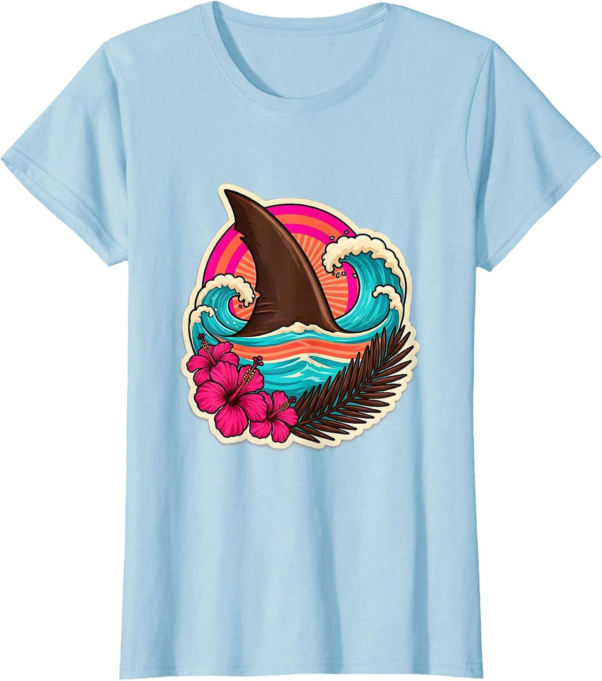 Women's Kids Shark Fin Ocean Waves Hawaiian Design T-Shirt - Baby Blue