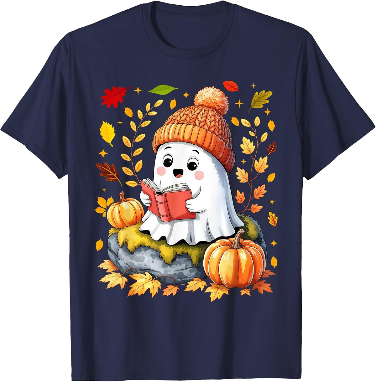 Cute Drinking Coffee Halloween Ghost Ice Womens T-Shirt - Navy Blue