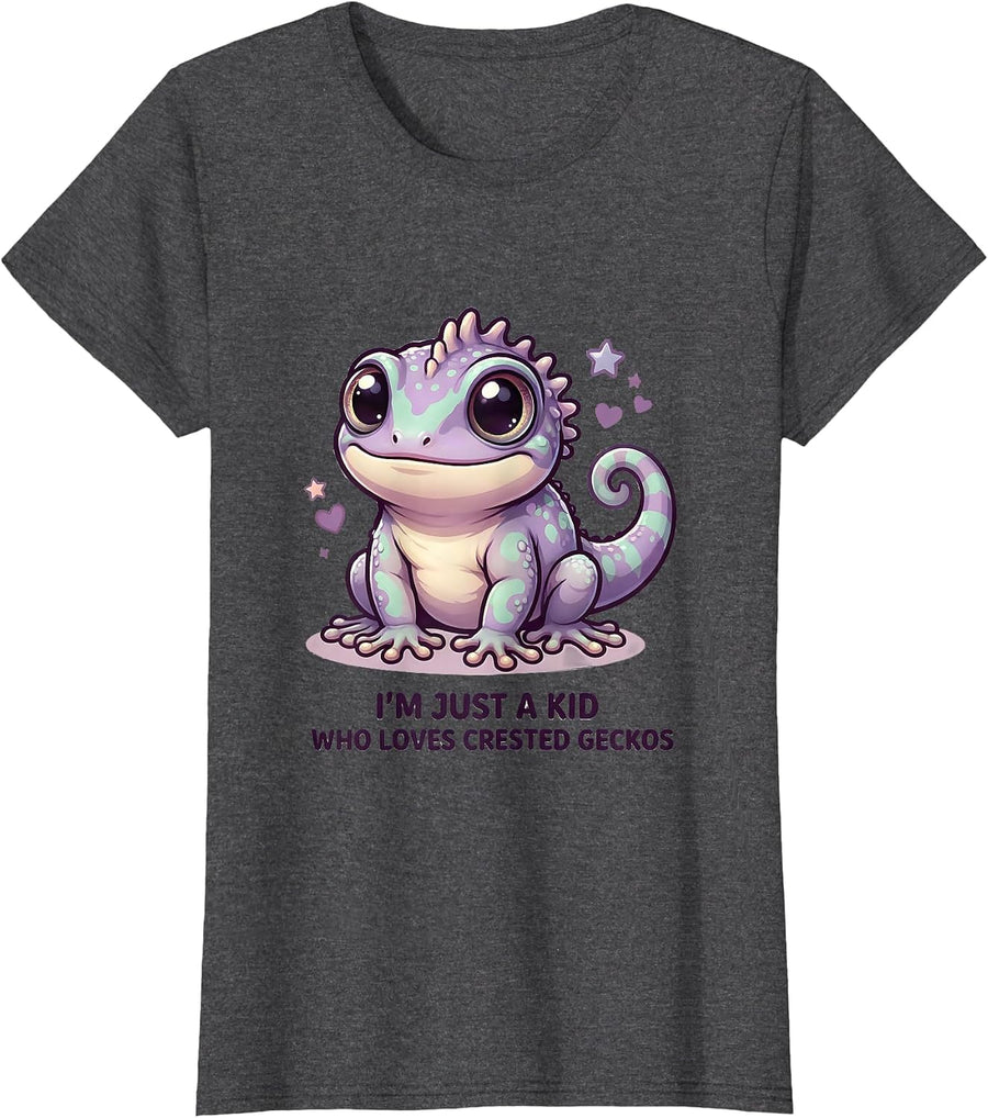 Women's I'm Just A Kid Who Loves Crested Geckos Cute Kawaii T-Shirt - Dark Heather Grey