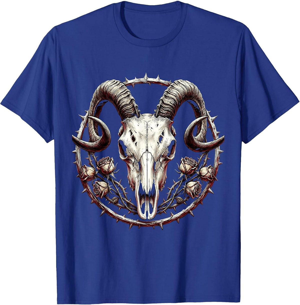 Goat Skull Dead Roses Death Metal Graphic T-Shirt - Royal Blue