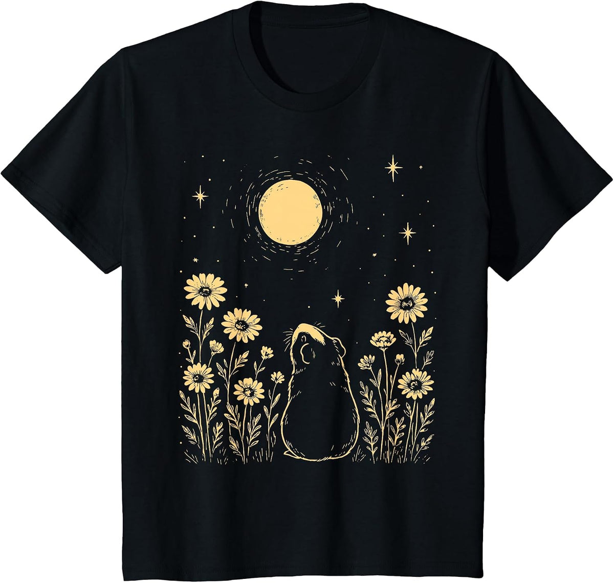 Floral Guinea Pig Moon Celestial Night Flower Animal Lover T-Shirt - Black