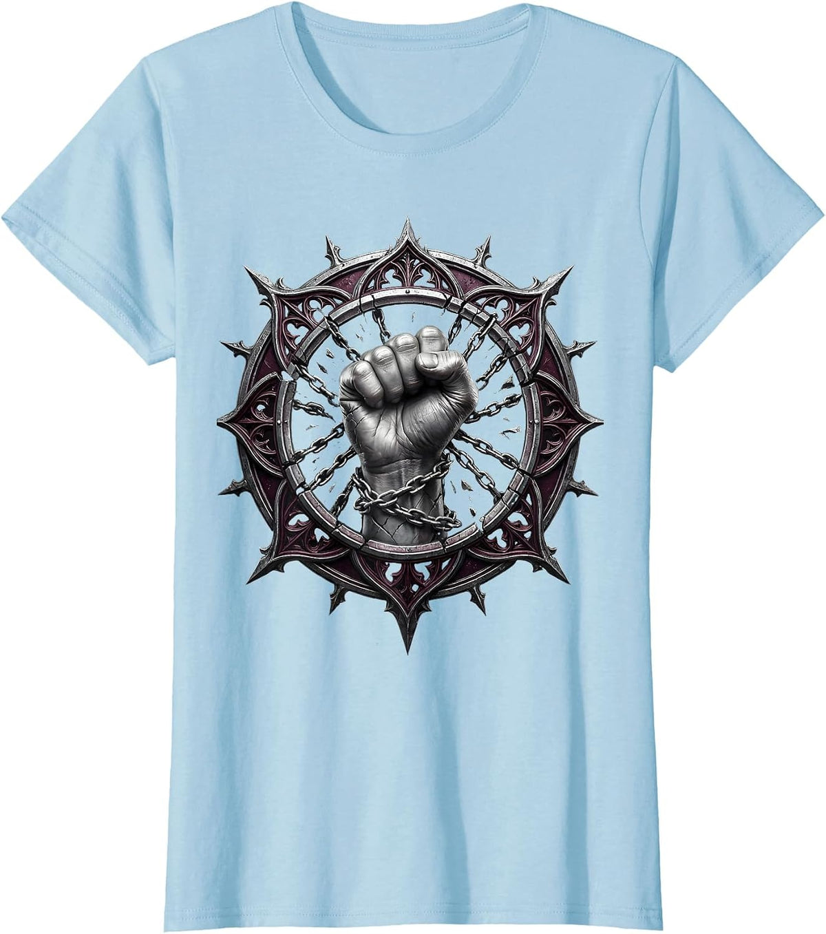 Breaking Chains Clenched Fist Metal Graphic T-Shirt - Baby Blue