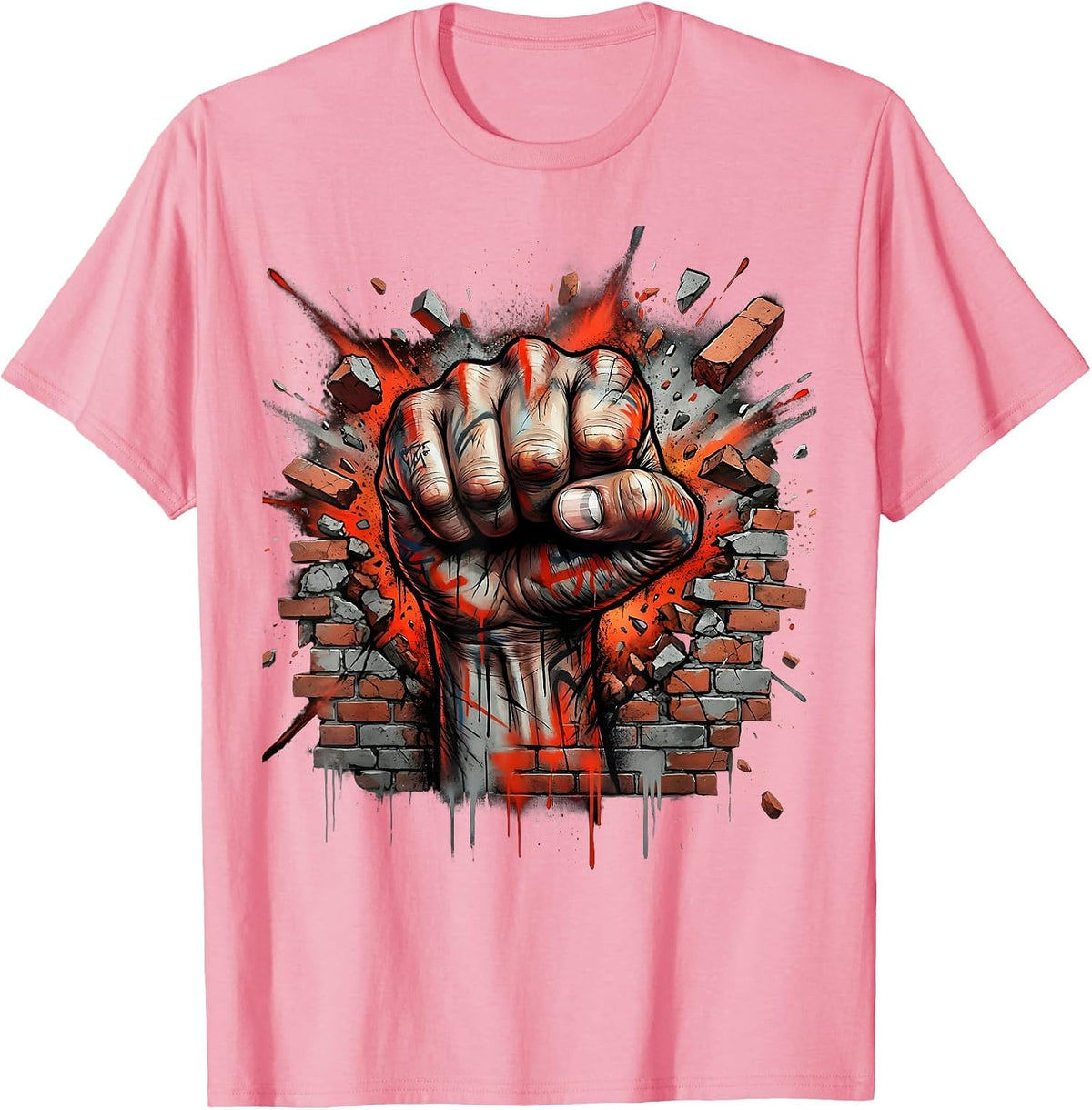 Punk Fist Smashing Through Brick Wall Graphic T-Shirt - Pink