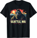 Seattle Cool Bigfoot with Downtown and Mountains T-Shirt, Men, Black, Small - As Pictured