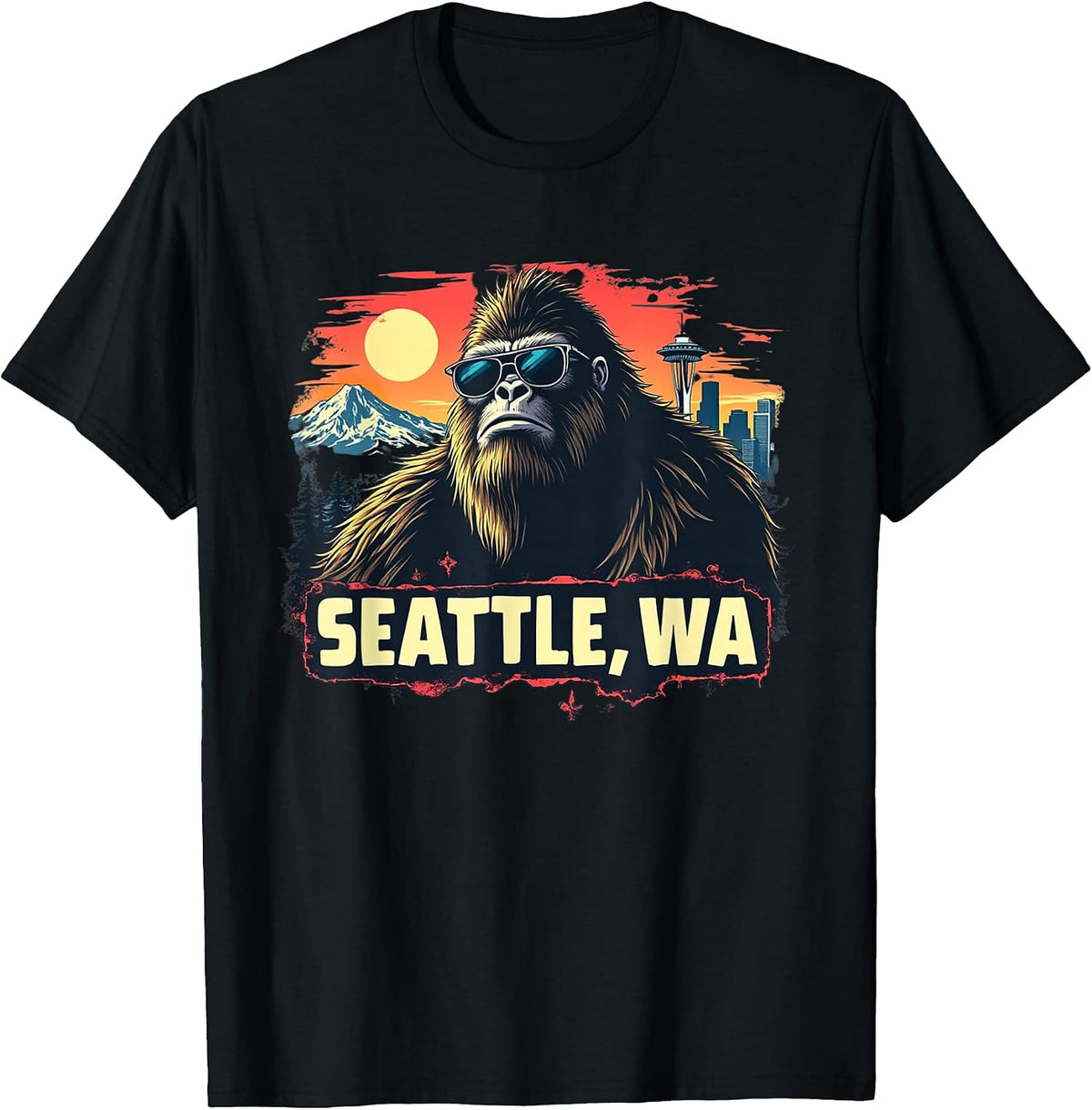 Seattle Cool Bigfoot with Downtown and Mountains T-Shirt, Men, Black, Small - As Pictured
