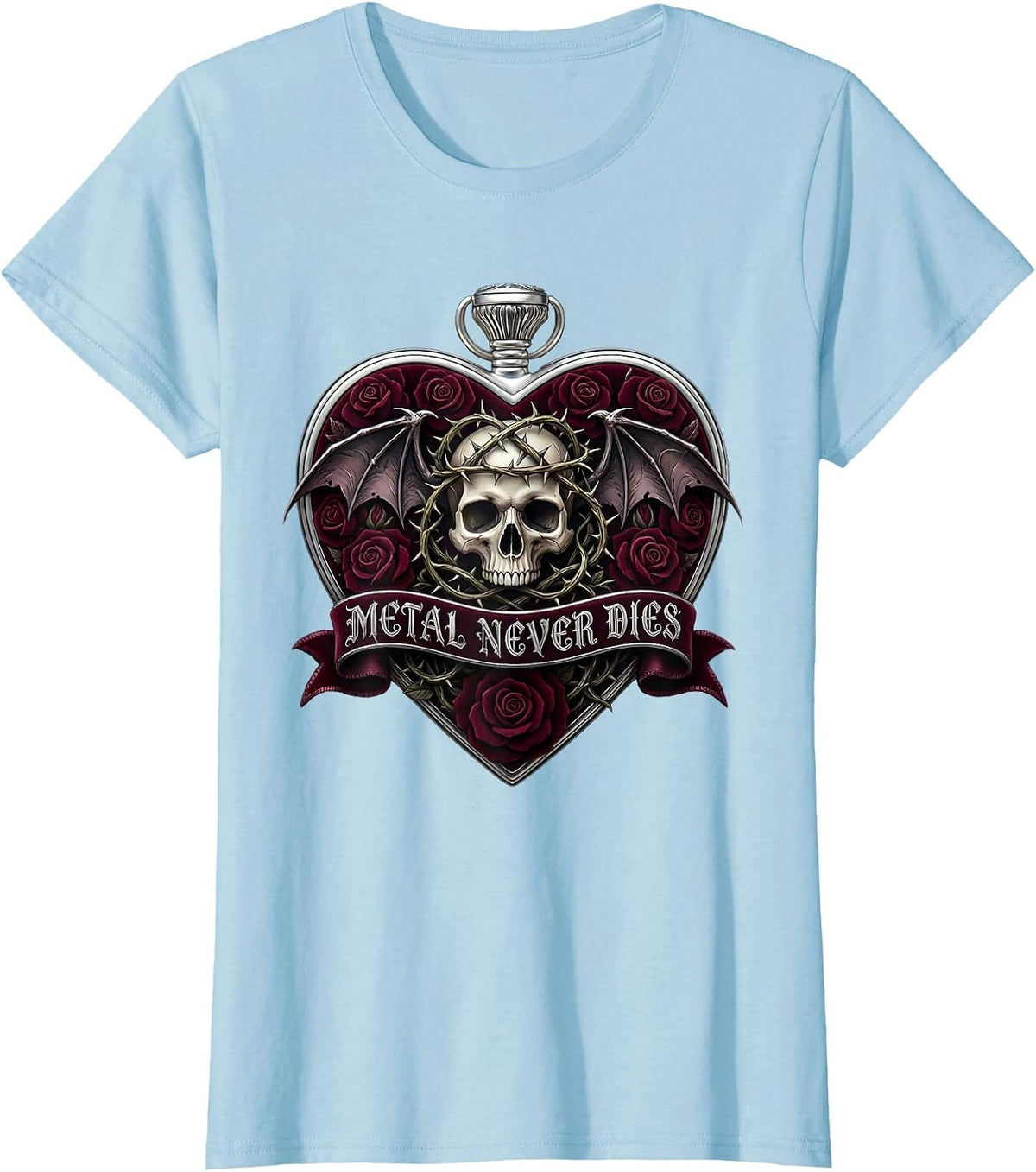 Metal Never Dies Heavy Metal Graphic Design T-Shirt - Baby Blue