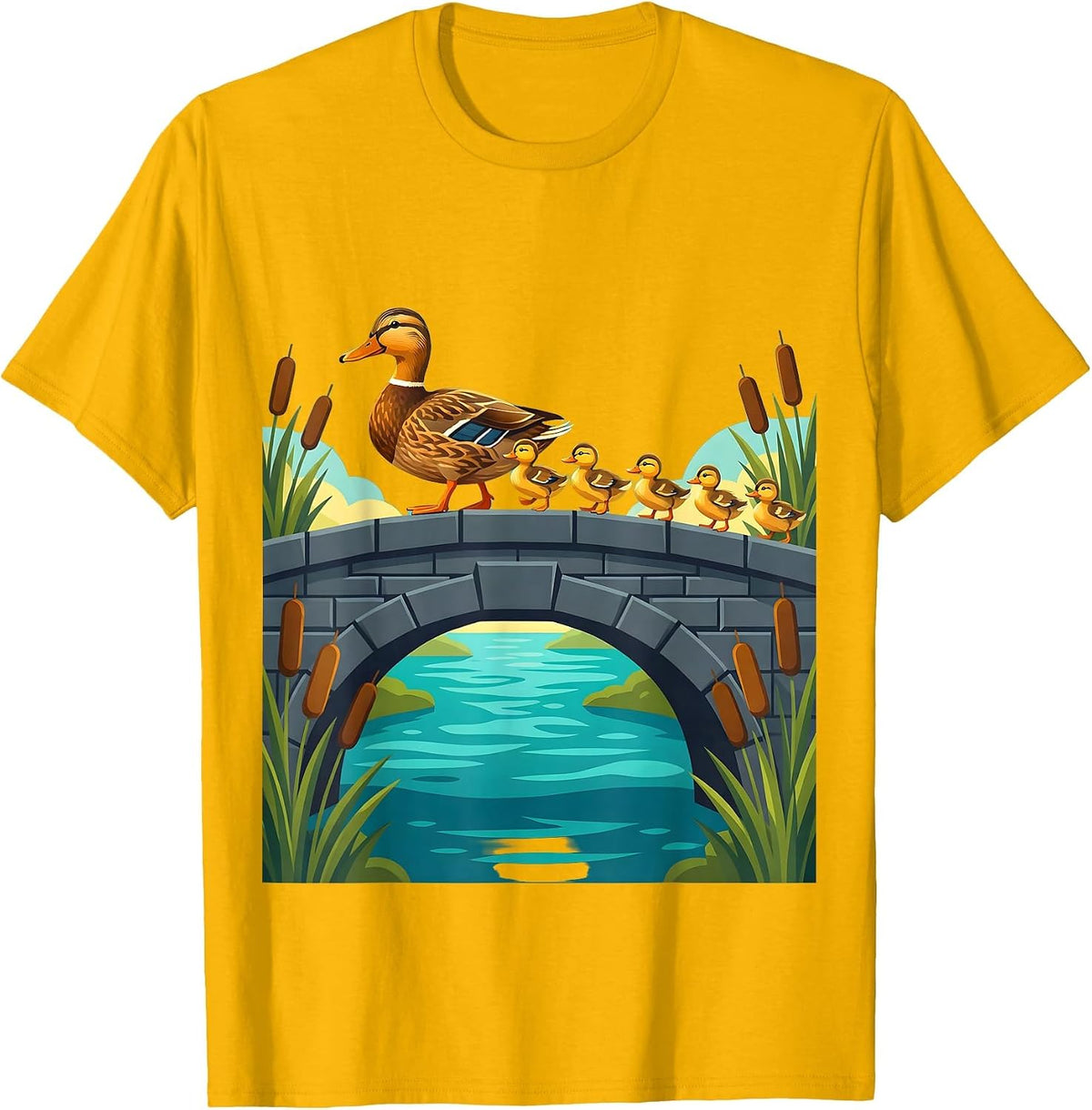 Family of Ducks Crossing Old Stone Bridge T-Shirt - Golden Yellow