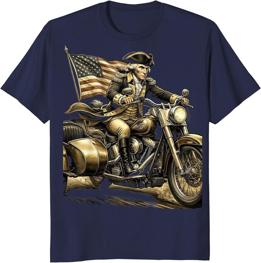 Vintage Patriotic Motorcycle Flag Sidecar T-Shirt - Navy Blue