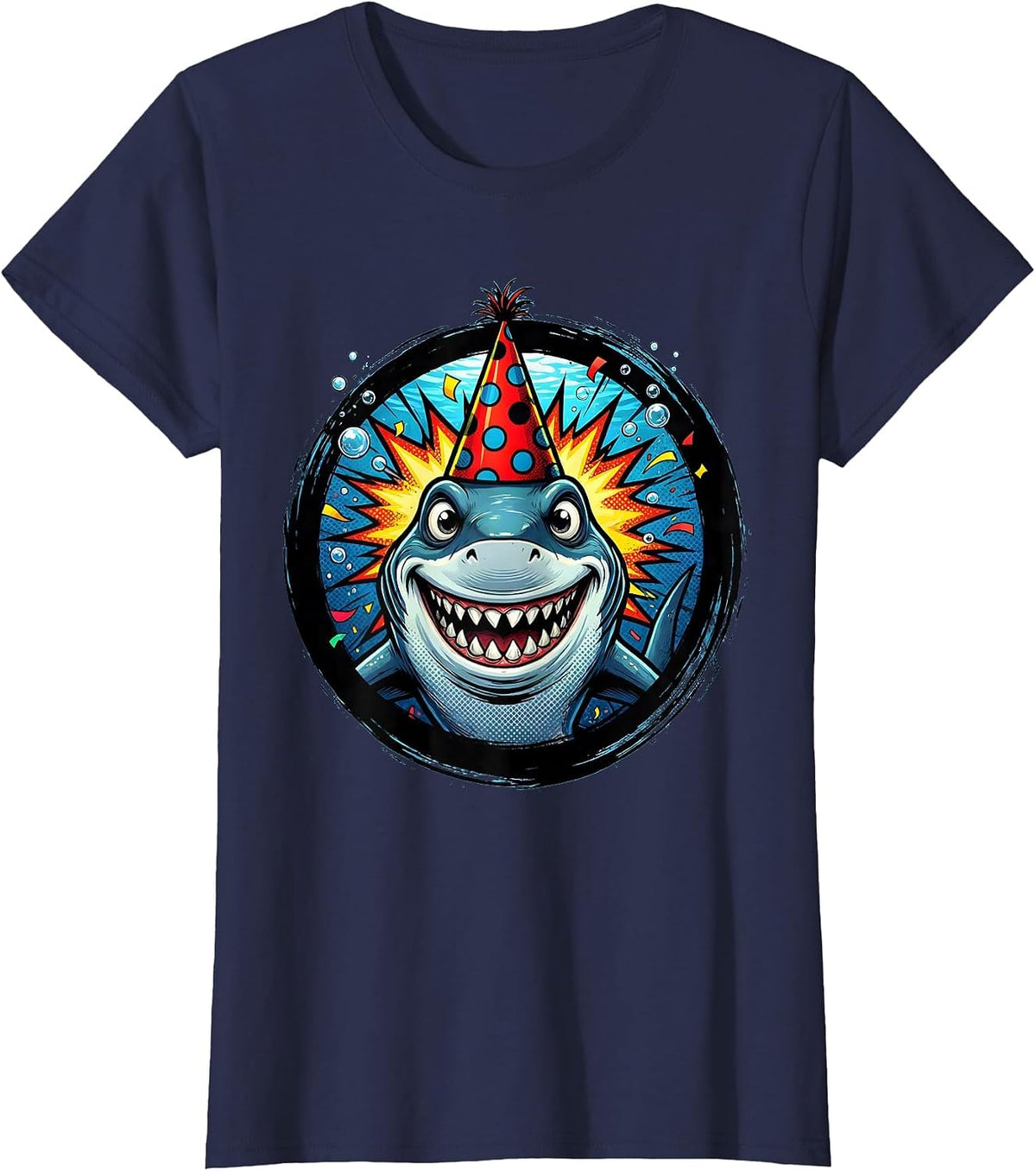 Women's Birthday Boy Shark Party Hat Underwater Scene T-Shirt - Navy Blue