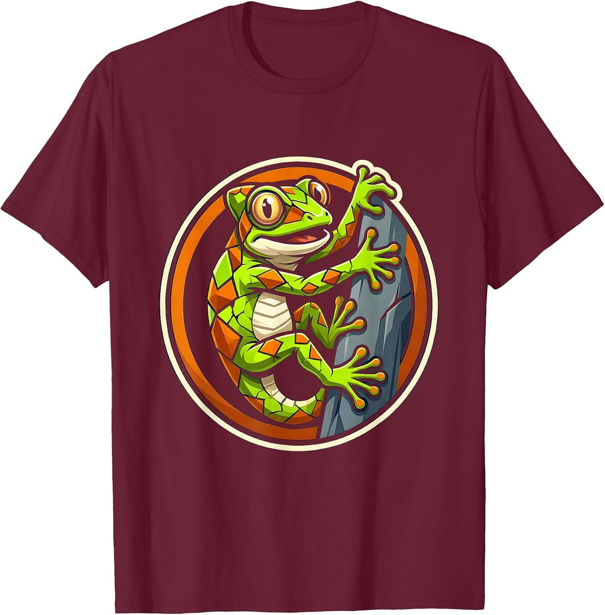 Vivid Gecko Climbing Animal Print Graphic T-Shirt - Burgundy