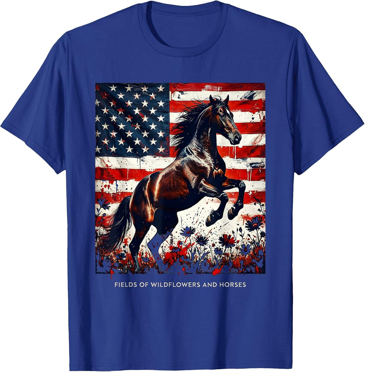 Fields of Wildflowers and Horses Girls Western Design T-Shirt - Royal Blue