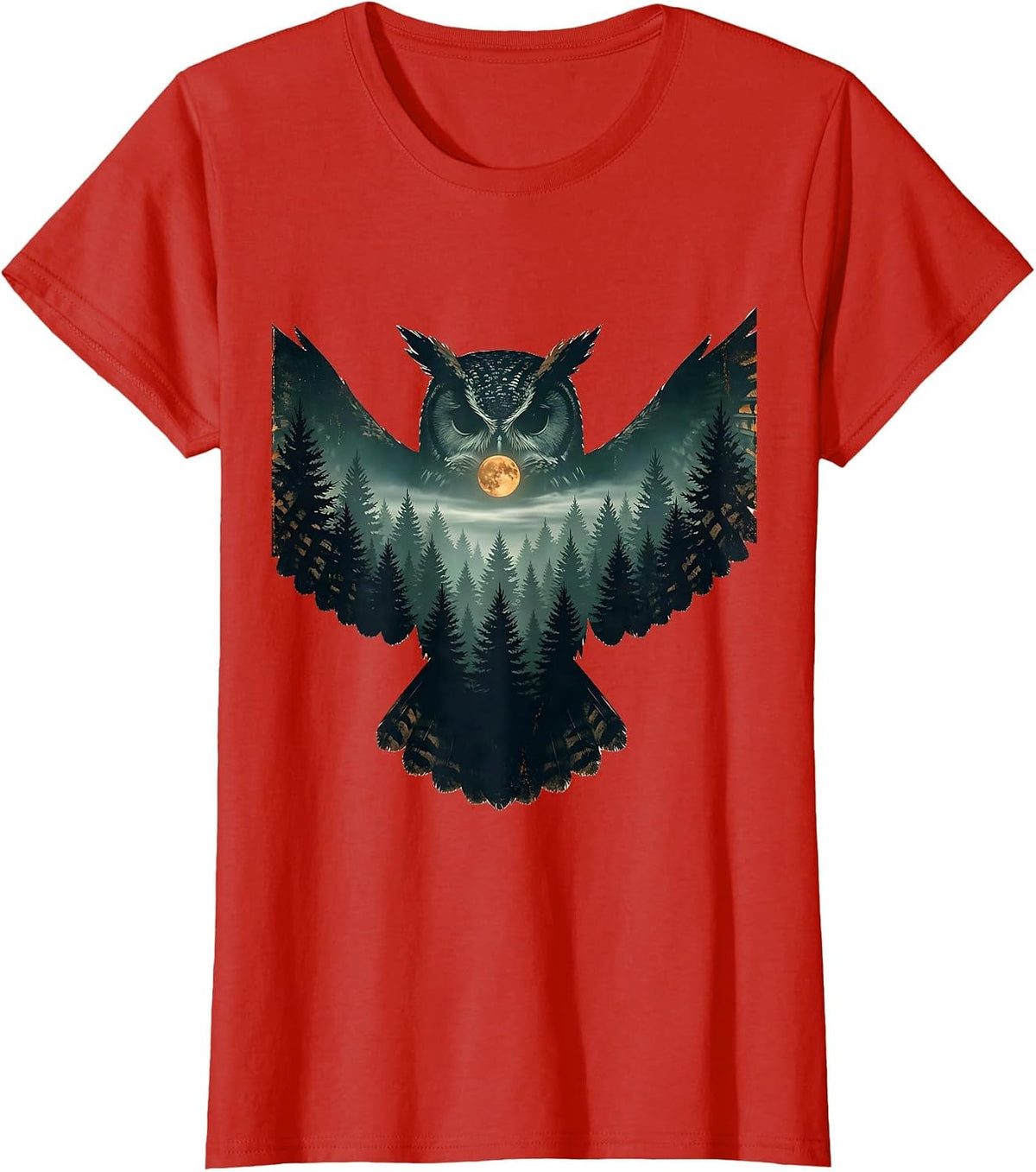 Owl Silhouette Distressed Vintage Forest Wildlife T-Shirt - Red