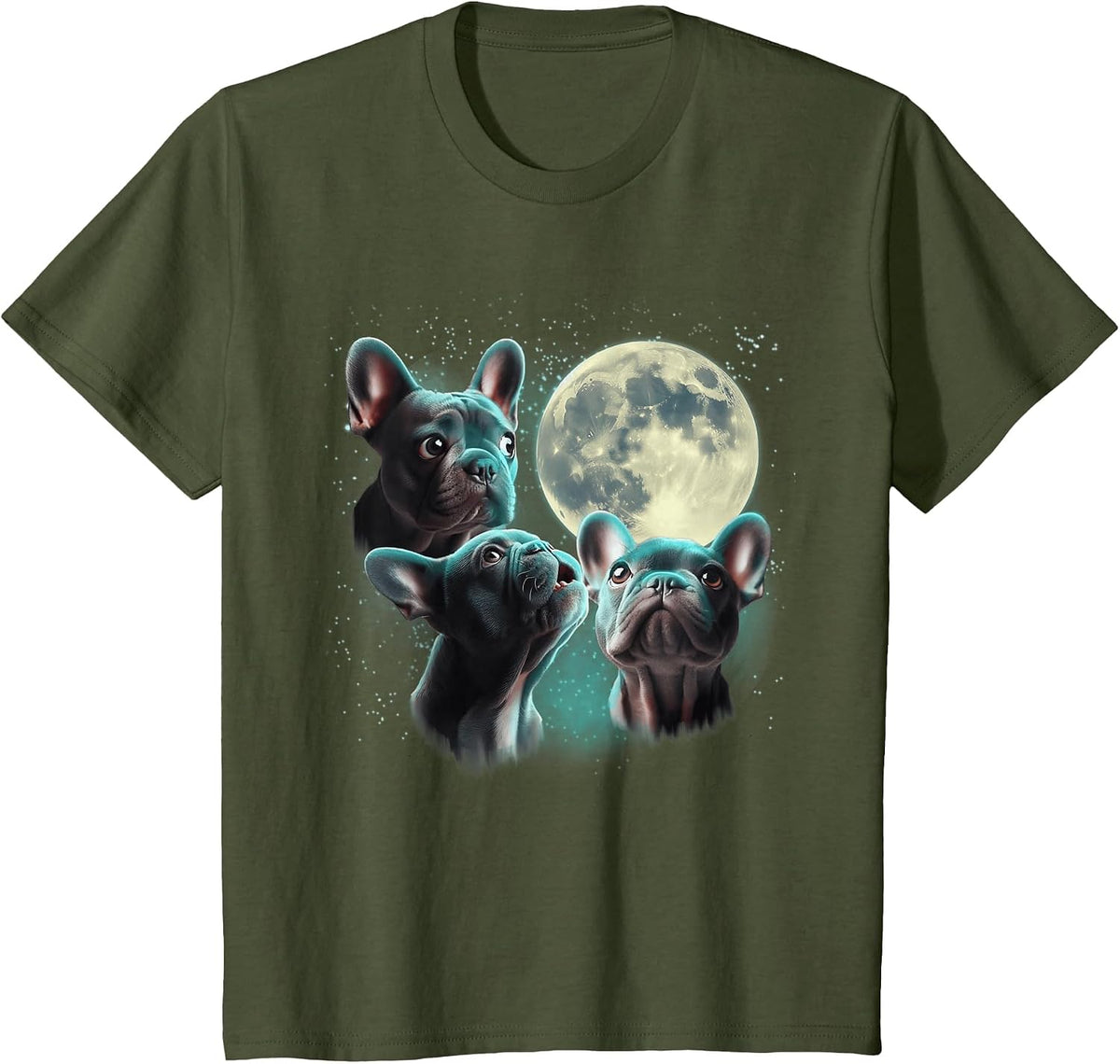 Funny Three French Bulldog Moon, 3 Frenchie Blue, Weird Cute T-Shirt - Olive Green