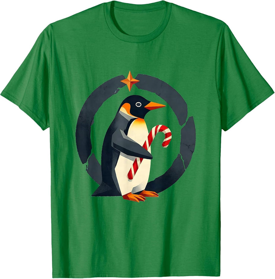 Men's Penguin Holiday Candy Cane Midcentury Modern Ugly Christmas T-Shirt - Kelly Green