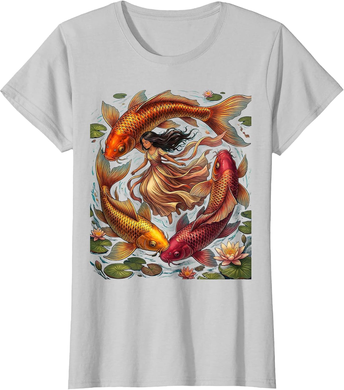 Mexican Girl Swimming With Colorful Koi Fish Art T-Shirt - Silver Grey