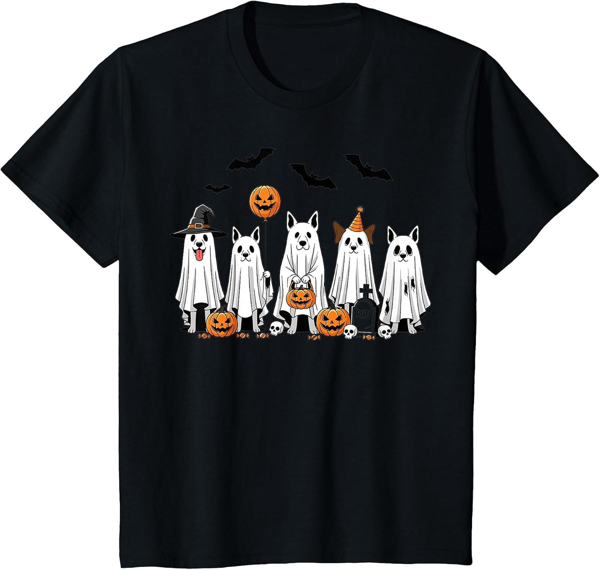 Halloween Ghost Dogs Pumpkin Candy Party Costume T-Shirt - Black