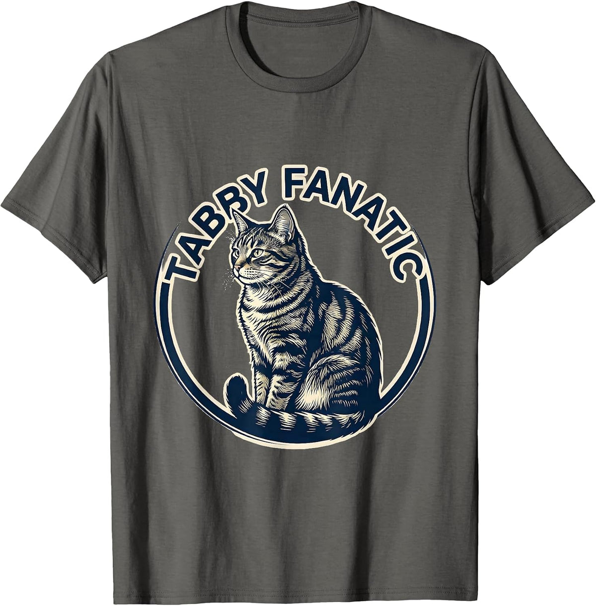 Tabby Fanatic Minimalist Badge Patch Line Art Cat Lover T-Shirt - Asphalt Grey