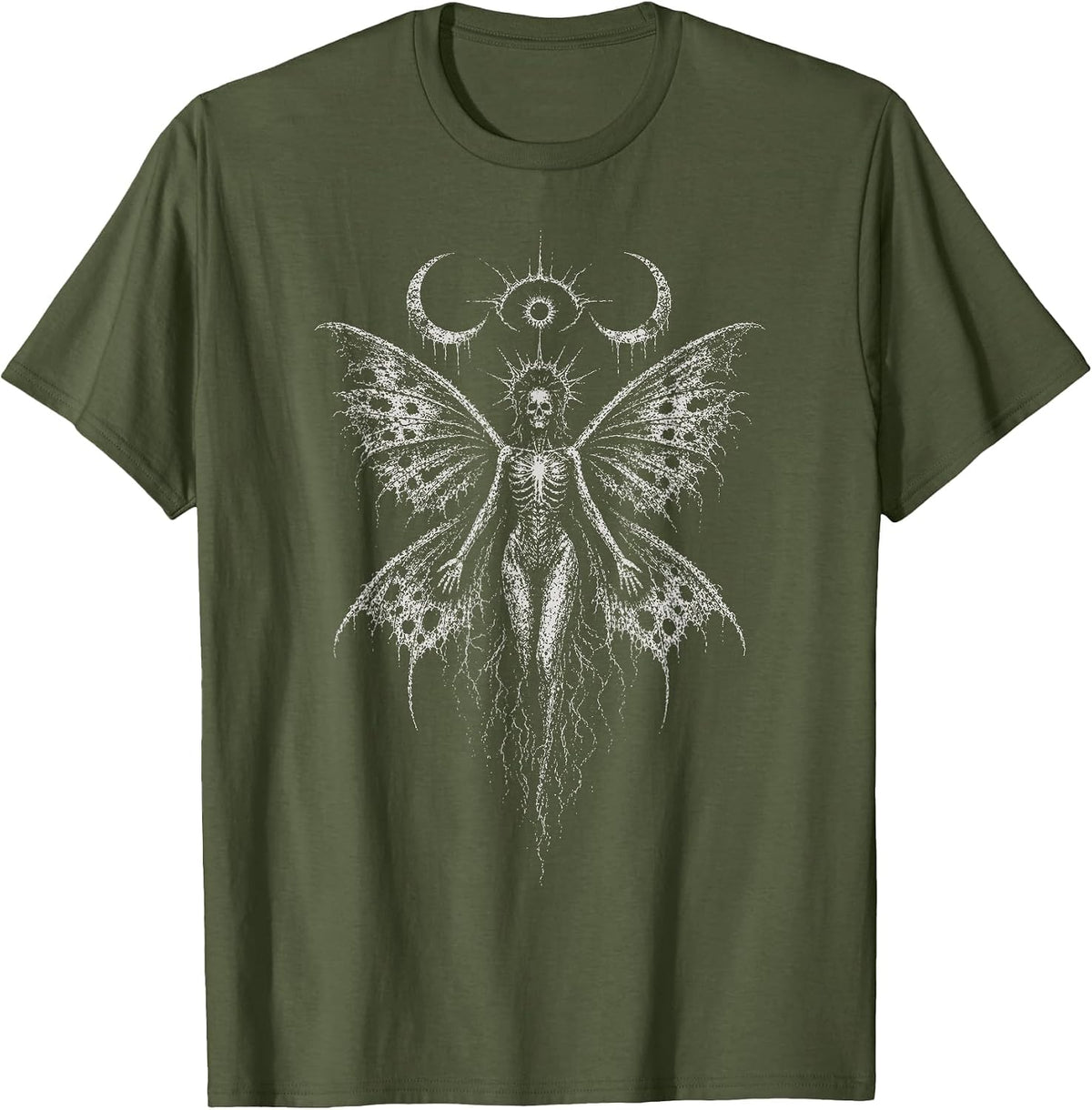 Skeleton Fairy Death Moth Skull Goth Occult Moon Alt Y2K Art T-Shirt - Olive Green