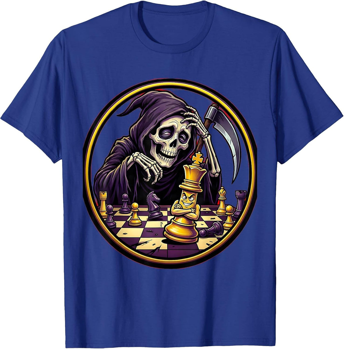 Grim Reaper Losing at Chess Funny Dark Humor T-Shirt - Royal Blue