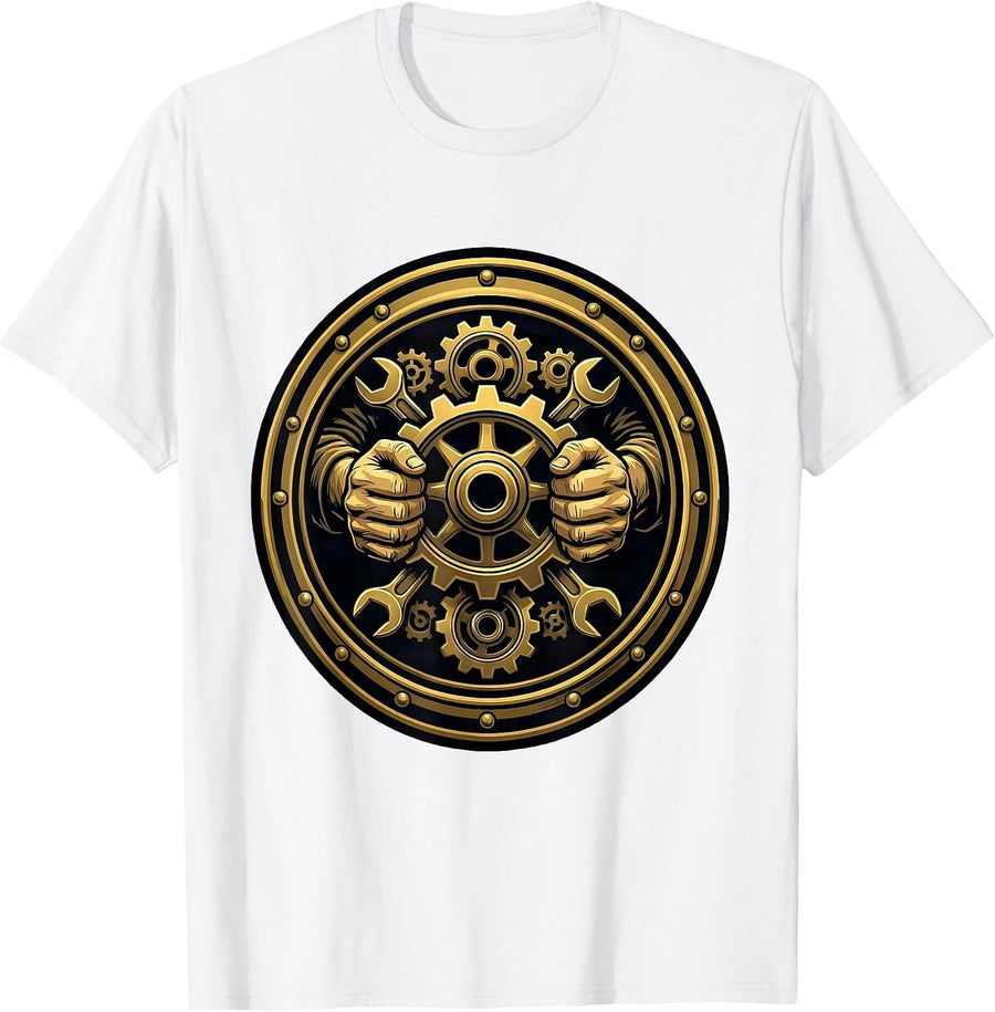 Men's Mechanic Hands Engine Gears Graphic Design T-Shirt - White