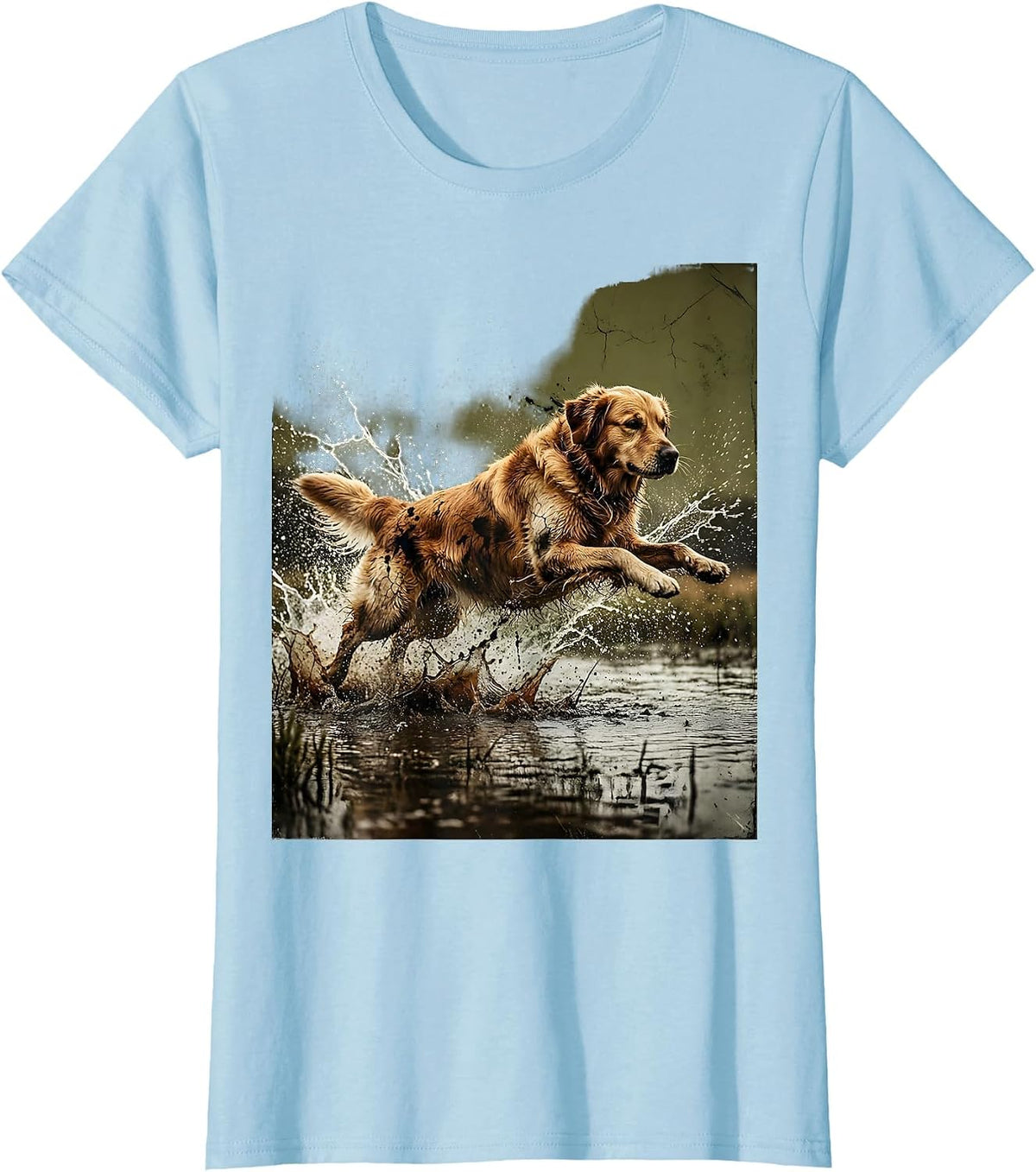 Women's Camo Duck Hunter Retriever Leaping Into Water T-Shirt - Baby Blue