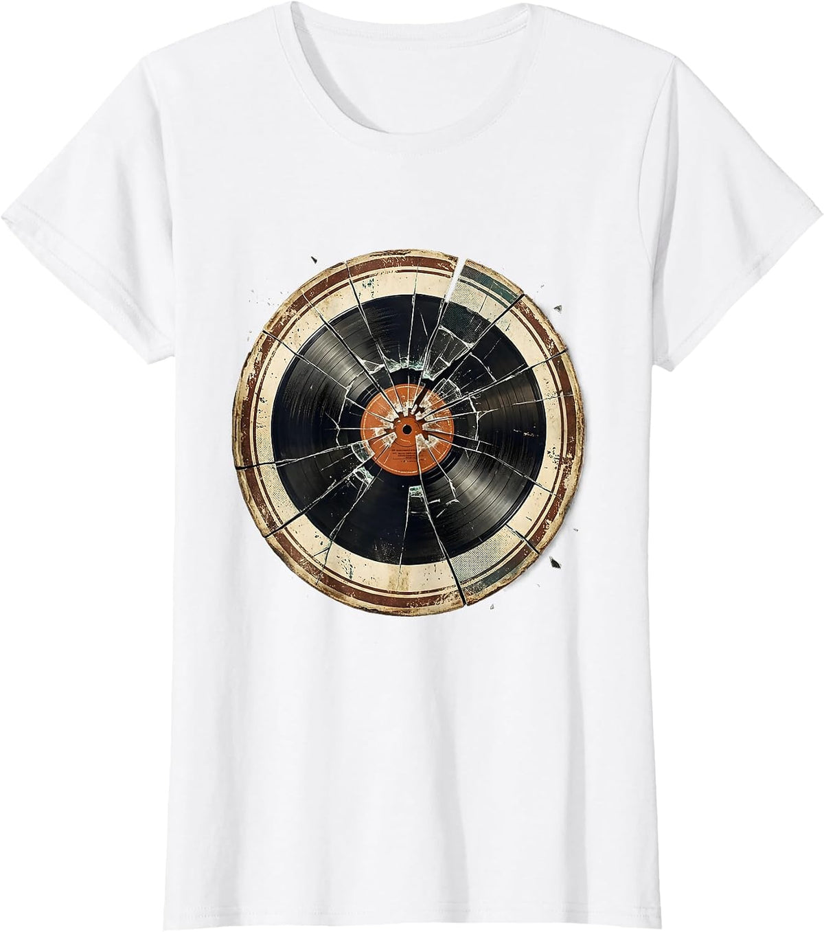 Broken Record Grunge Shattered Vinyl Art T-Shirt - White