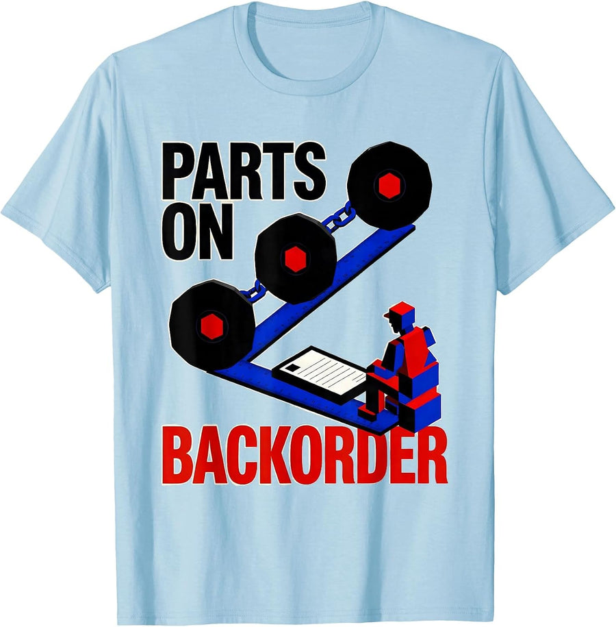 Men's PARTS ON BACKORDER Bauhaus Modernist Auto Mechanic Skeleton T-Shirt - Baby Blue