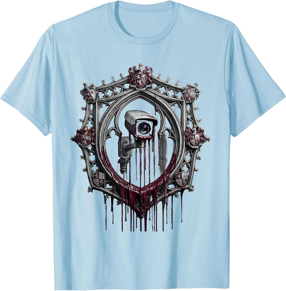 Men's Dripping Paint Surveillance Camera Punk Art T-Shirt - Baby Blue