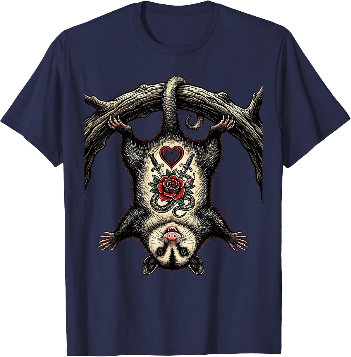 Tattooed Opossum Hanging Upside Down Graphic T-Shirt - Navy Blue
