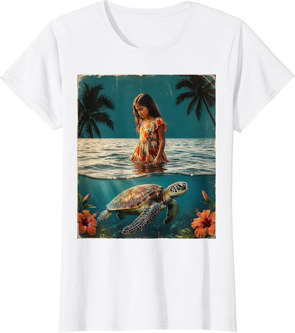 Hawaiian Girl and Sea Turtle Ocean Art Design T-Shirt - White