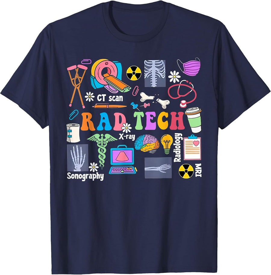 Cute Rad Tech Retro Groovy Radiology Technician X-Ray Tech T-Shirt - Navy Blue