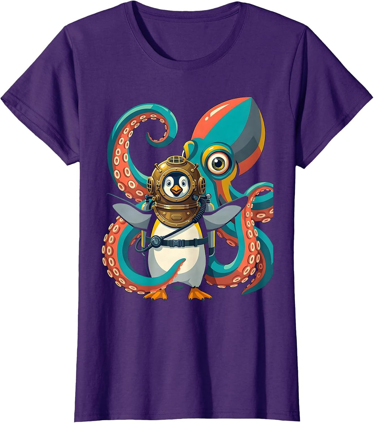 Women's Penguin Deep Sea Diver vs Giant Squid T-Shirt - Purple