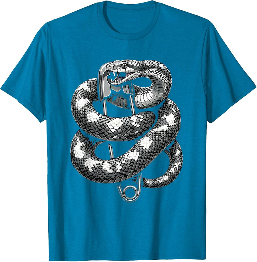 Punk Snake and Safety Pin Graphic Tee T-Shirt - Sapphire Blue