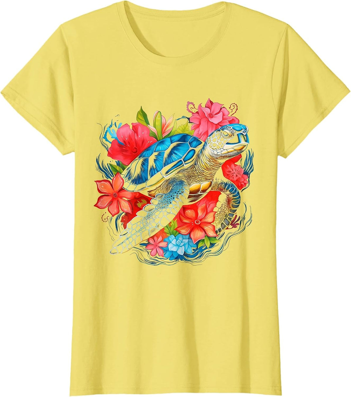 Sea Turtle Hawaiian Flowers Hawaii Scuba Diving Diver T-Shirt - Lemon Yellow
