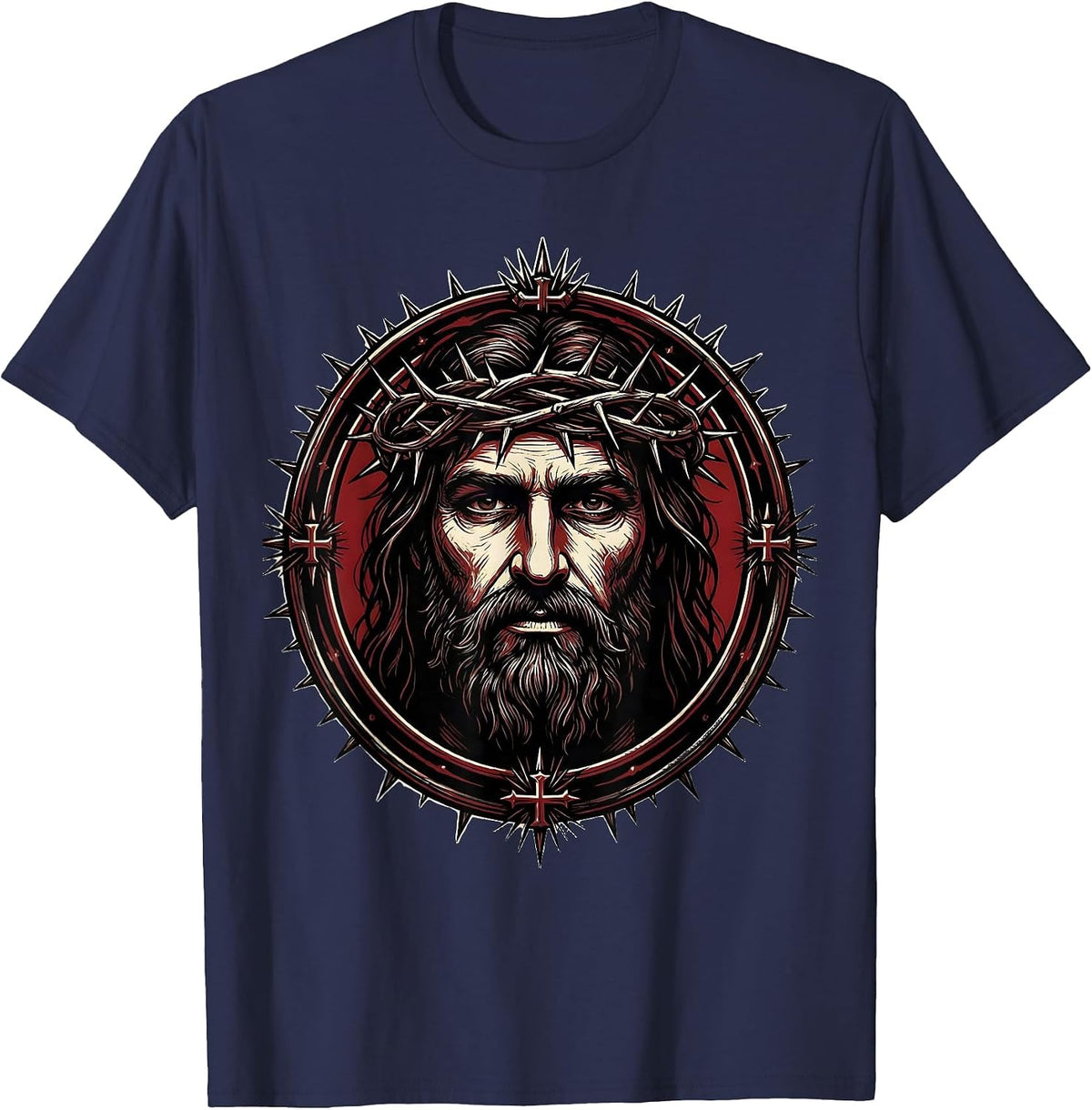 Jesus Crown of Thorns Portrait Graphic Tee T-Shirt - Navy Blue