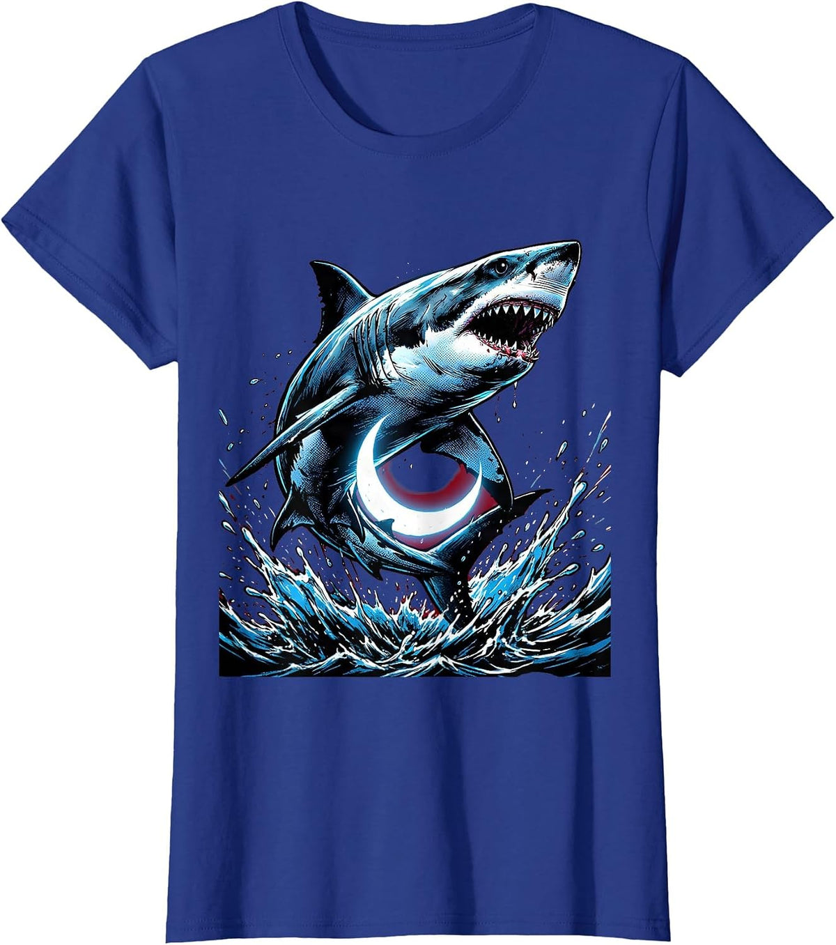 Women's Shark Leaping Over Crescent Moon Graphic T-Shirt - Royal Blue