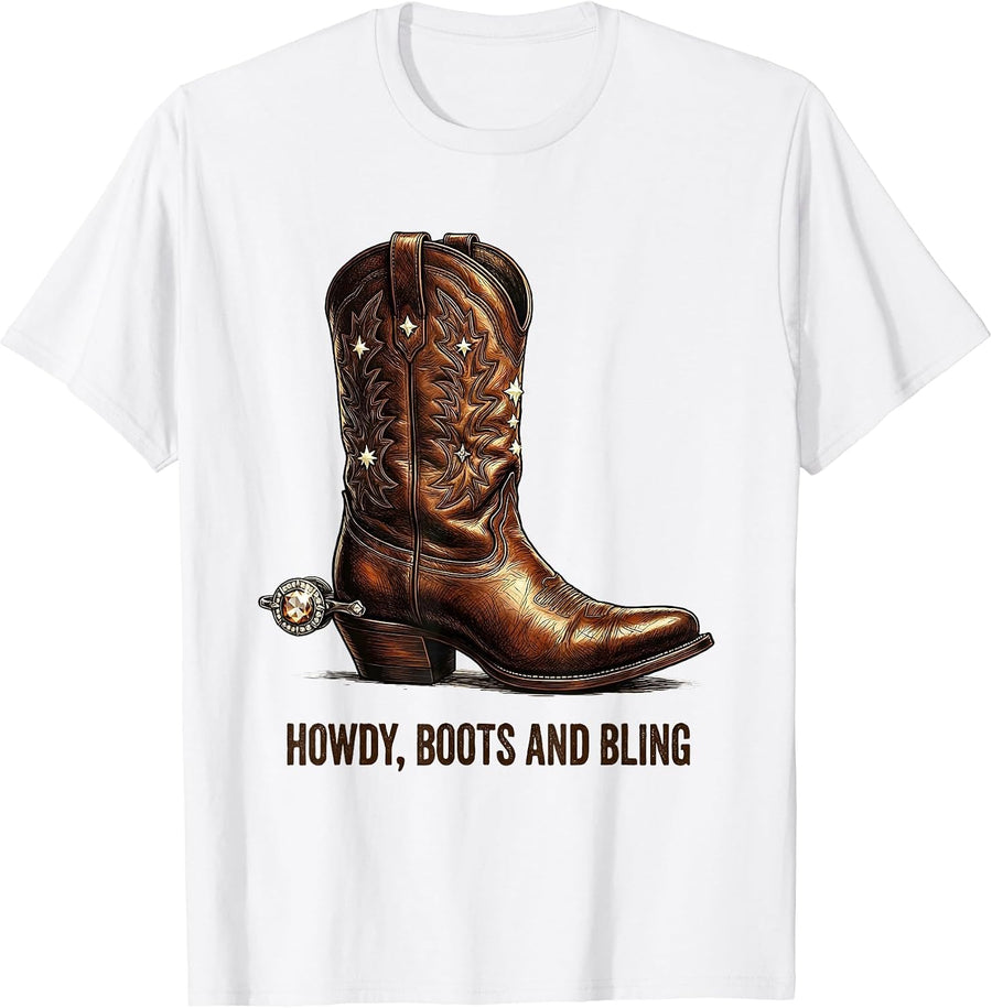 Men's Howdy Boots and Bling Funny Cowgirl Western Rodeo Gift T-Shirt - White