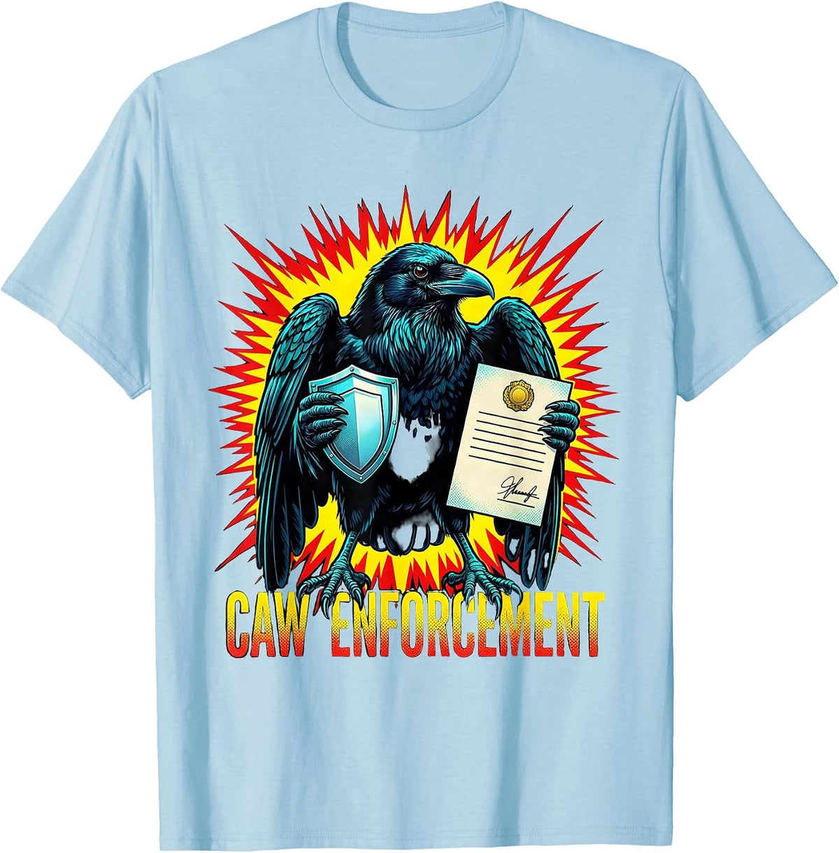 Men's Caw Enforcement Pop Art Dark Humor Gothic Crow Bird Lover T-Shirt - Baby Blue