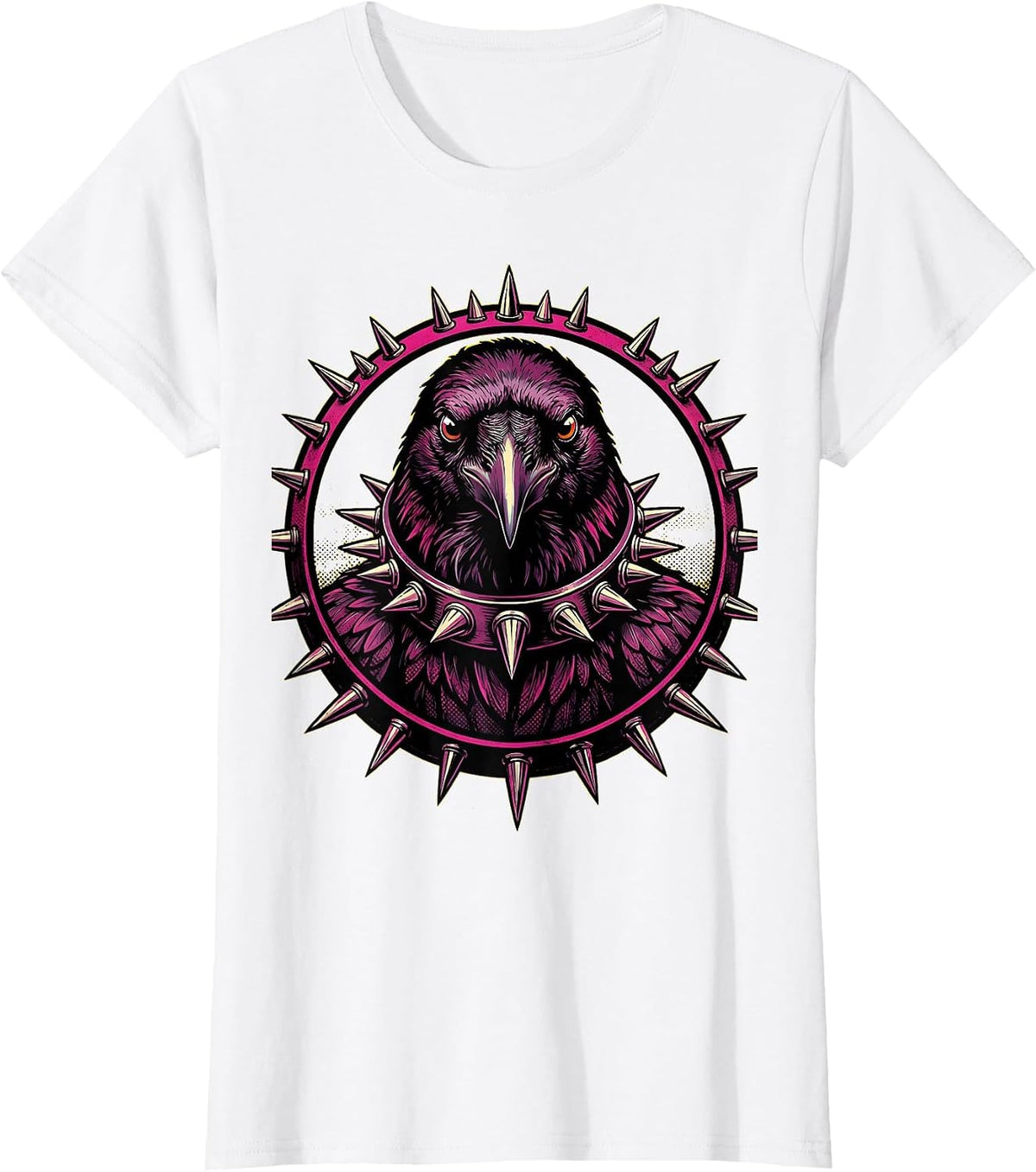 Punk Rock Crow Spiked Collar Graphic T-Shirt - White