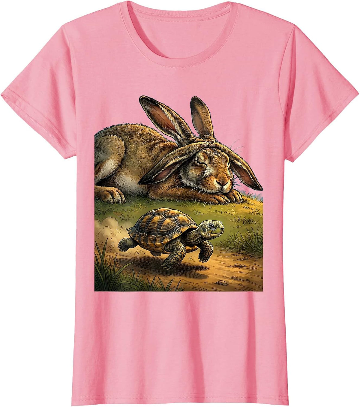 Women's Small Turtle Racing Giant Hare Big Little Design T-Shirt - Pink