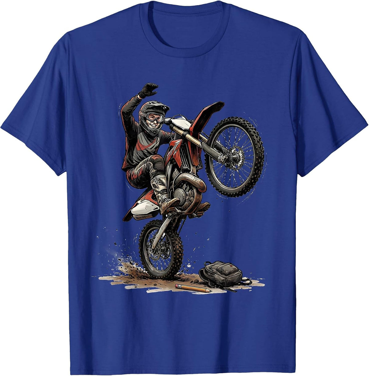 Men's Hand-Sketched Wheelie Rider Dirt Bike Motocross Pride T-Shirt - Royal Blue