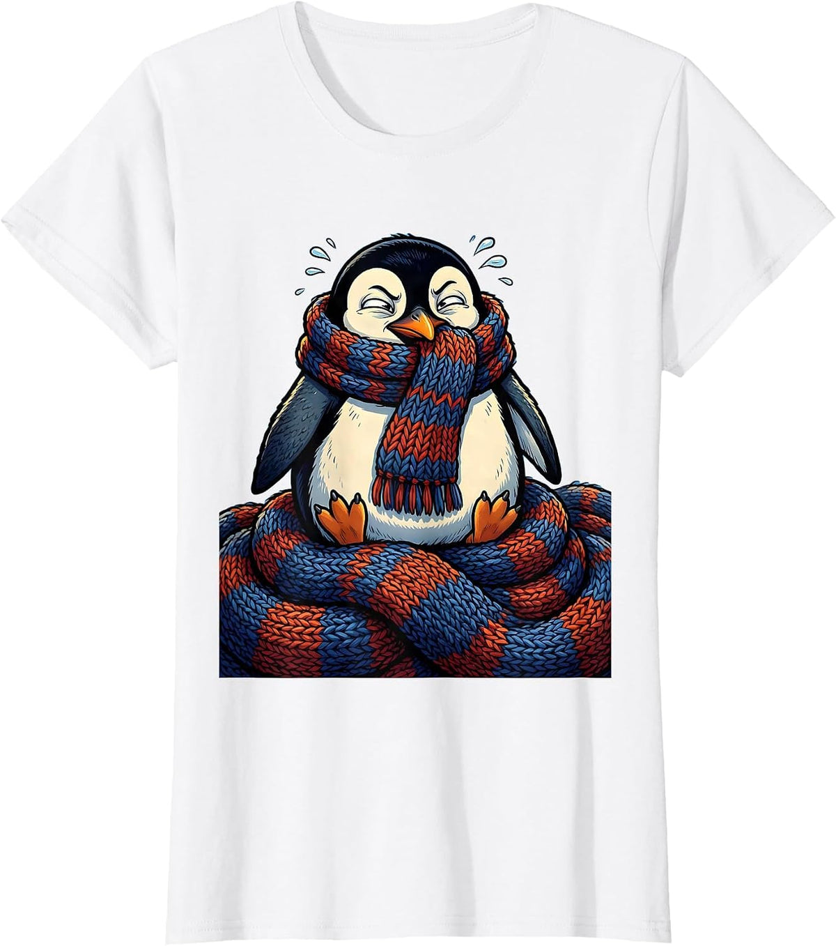 Cozy Penguin Bundled Up in Oversized Scarf T-Shirt - White