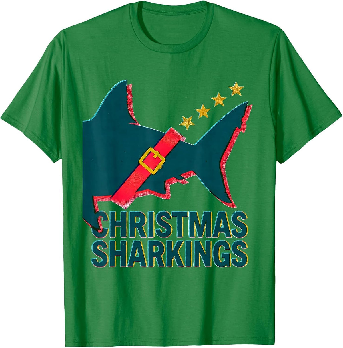 Men's Christmas Sharkings Risograph Shark Lover Funny Christmas T-Shirt - Kelly Green