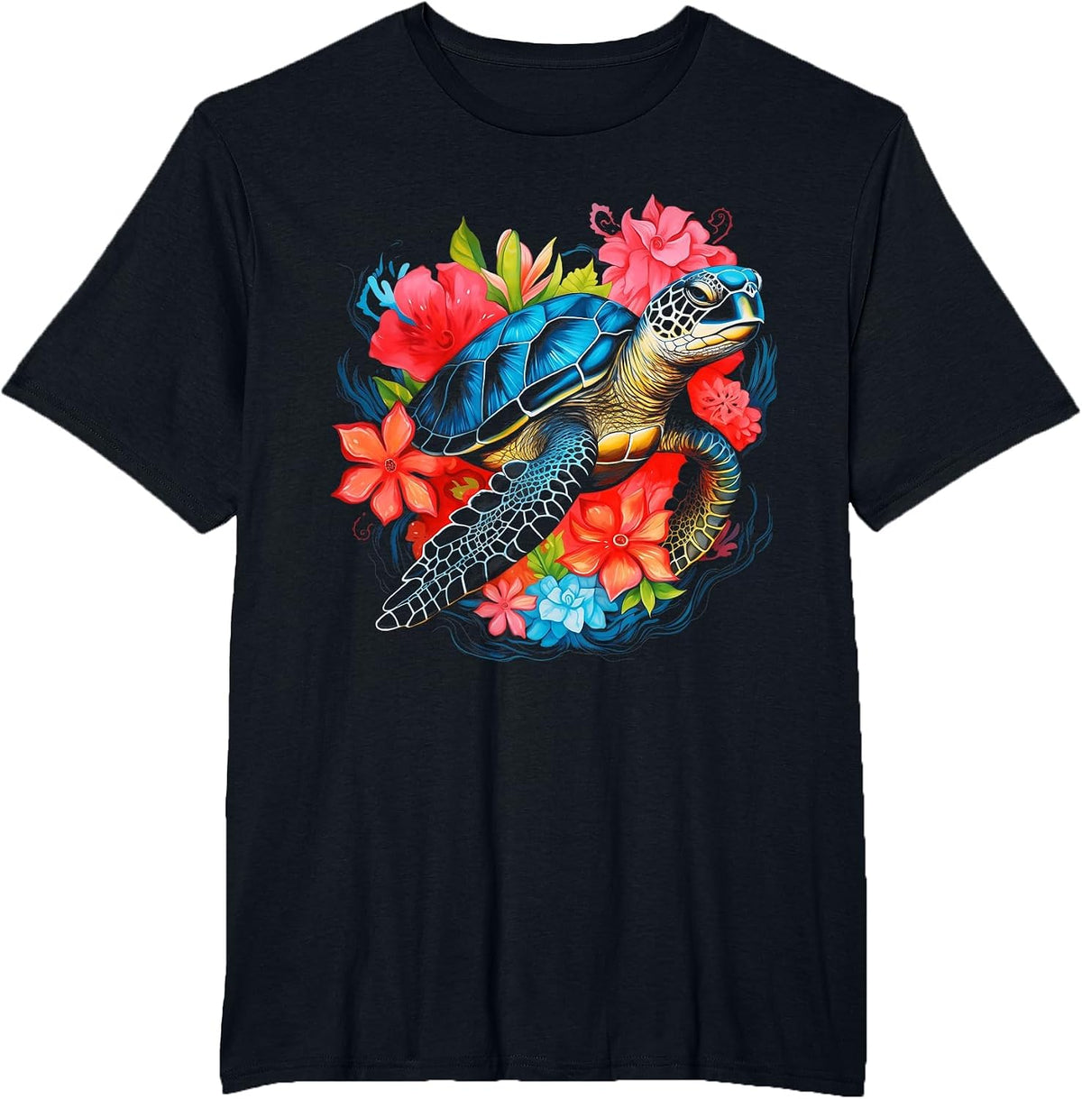 Sea Turtle Hawaiian Flowers Hawaii Scuba Diving Diver T-Shirt - Black