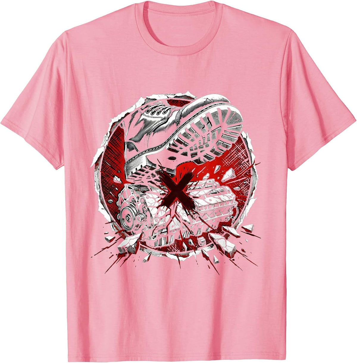 Men's Mechanic Boot Stomping Cracked Engine Block T-Shirt - Pink