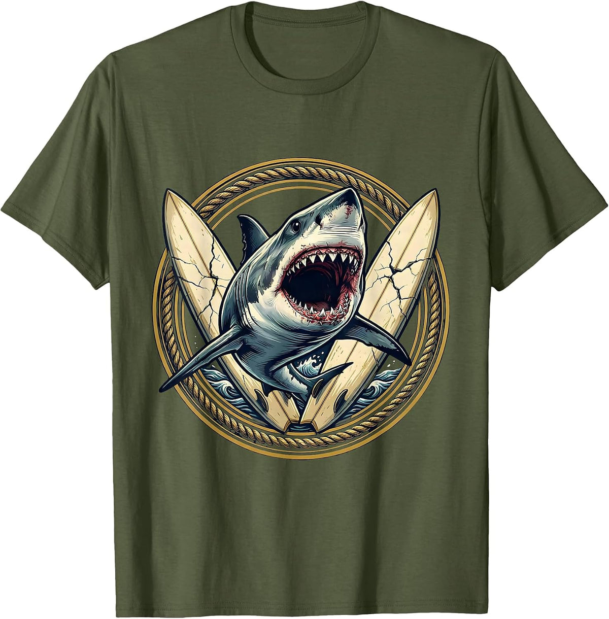 Men's Shark Bursting Through Vintage Surfboard Graphic T-Shirt - Olive Green