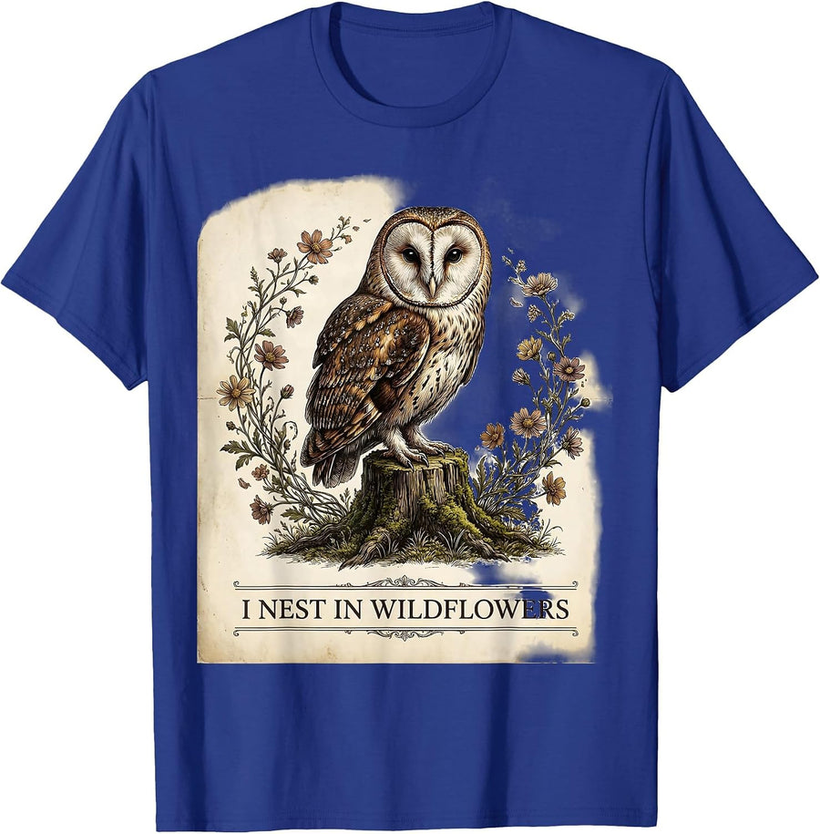 I Nest in Wildflowers Vintage Cottagecore Owl Floral Nature T-Shirt - Royal Blue