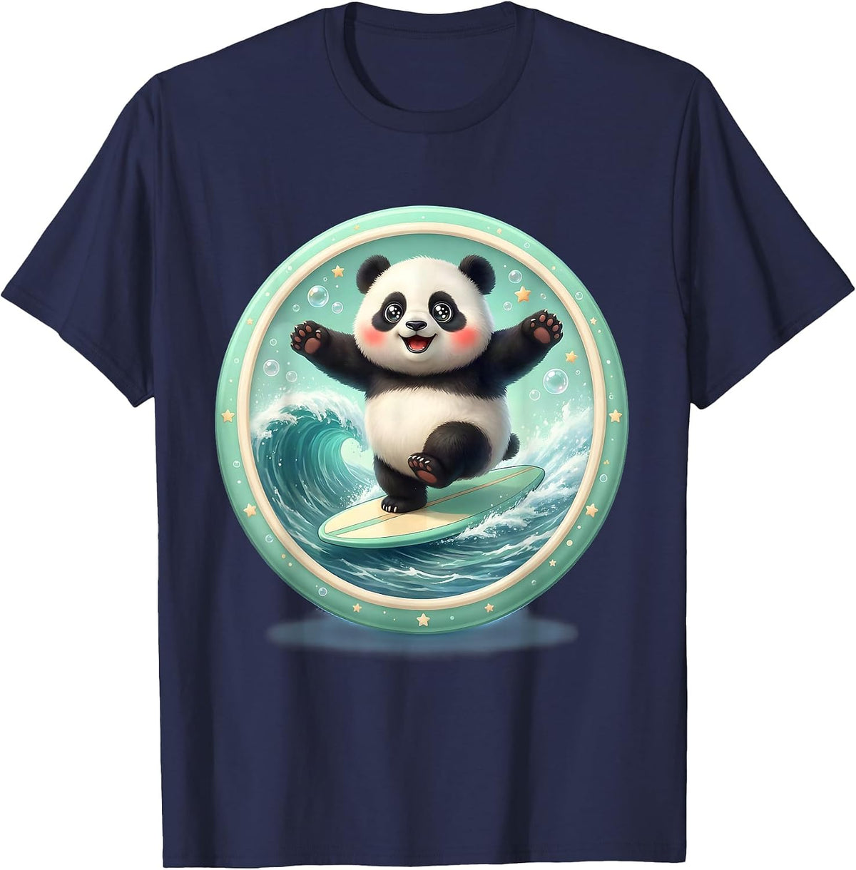 Panda Surfer Riding Massive Green Wave T-Shirt - Navy Blue