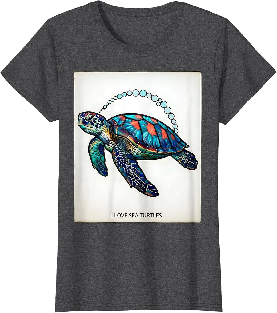 Women's I Love Sea Turtles Stained Glass Mosaic Sea Turtle Lover T-Shirt - Dark Heather Grey